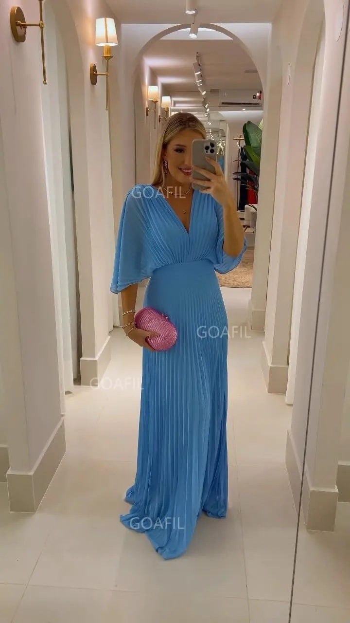Women's Chiffon Prom Dress V Neck Pleated Formal Evening Dress Long Wedding Guest Dresses with Batwing Sleeve