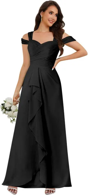 Women's Cold Shoulder Bridesmaid Dresses Pleated Chiffon Formal Evening Gown