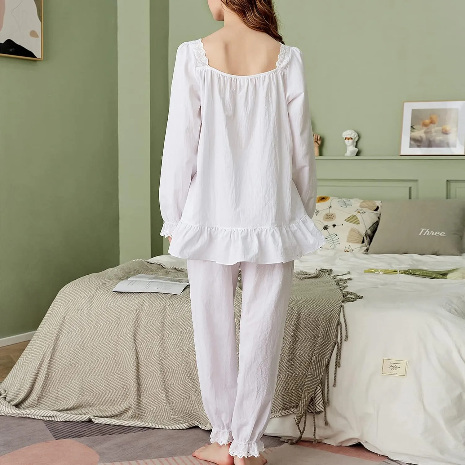 Women's Cotton Pajama Set 2 Piece Vintage Lounge Set Long Sleeve Top Pants Pjs Lace Frill Victorian Sleepwear