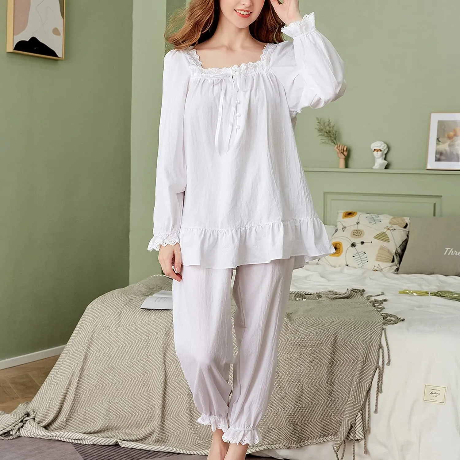 Women's Cotton Pajama Set 2 Piece Vintage Lounge Set Long Sleeve Top Pants Pjs Lace Frill Victorian Sleepwear