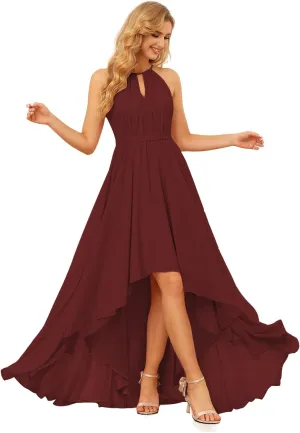 Women's High Low Bridesmaid Dresses Halter Pleats Chiffon Formal Evening Dress DI023
