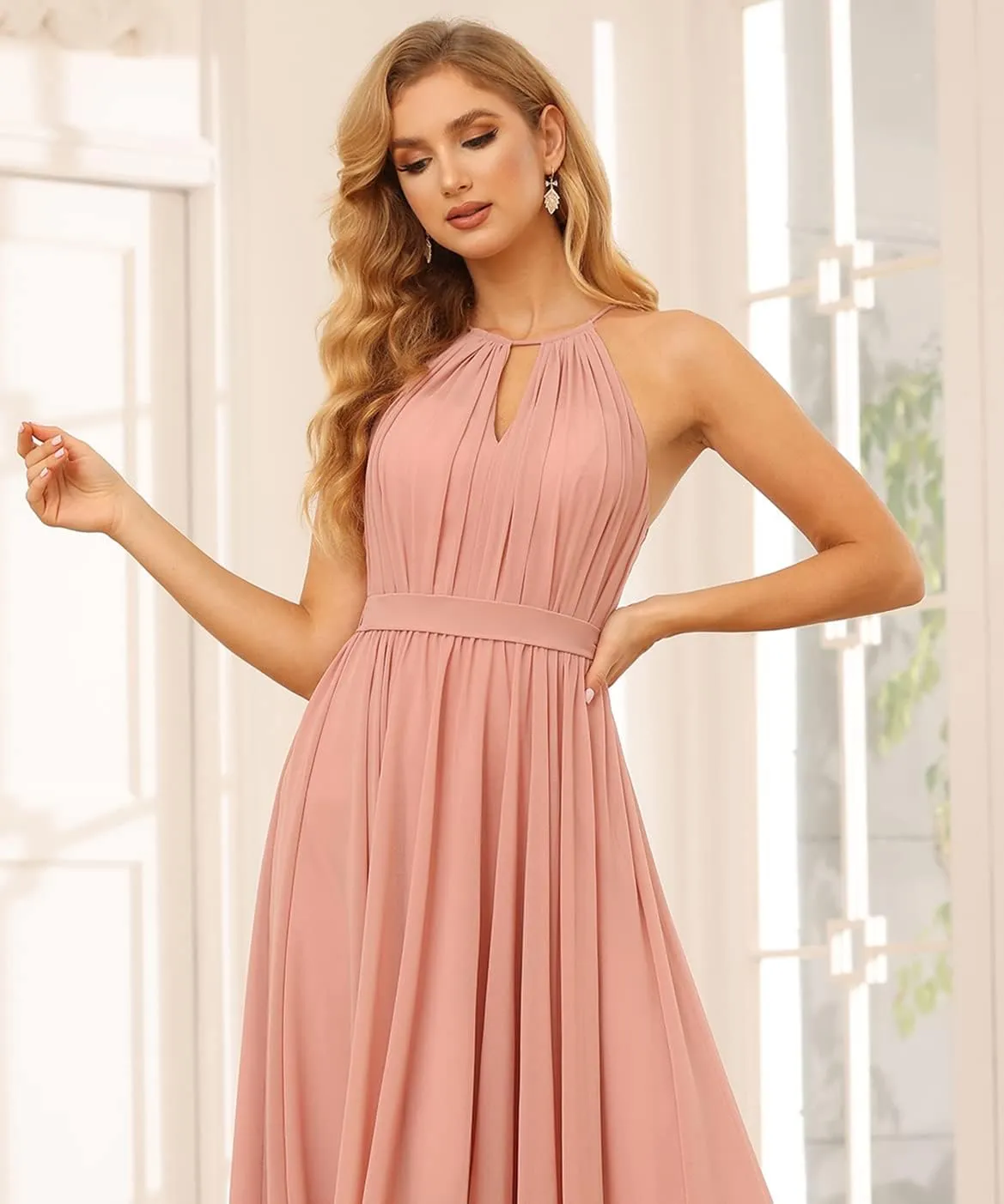 Women's High Low Bridesmaid Dresses Halter Pleats Chiffon Formal Evening Dress DI023