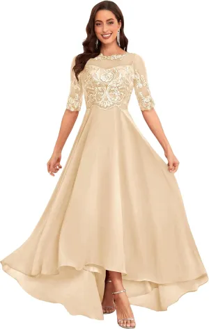 Women's Mother of The Bride Dresses for Wedding High Low Chiffon Formal Evening Gowns with Sleeves