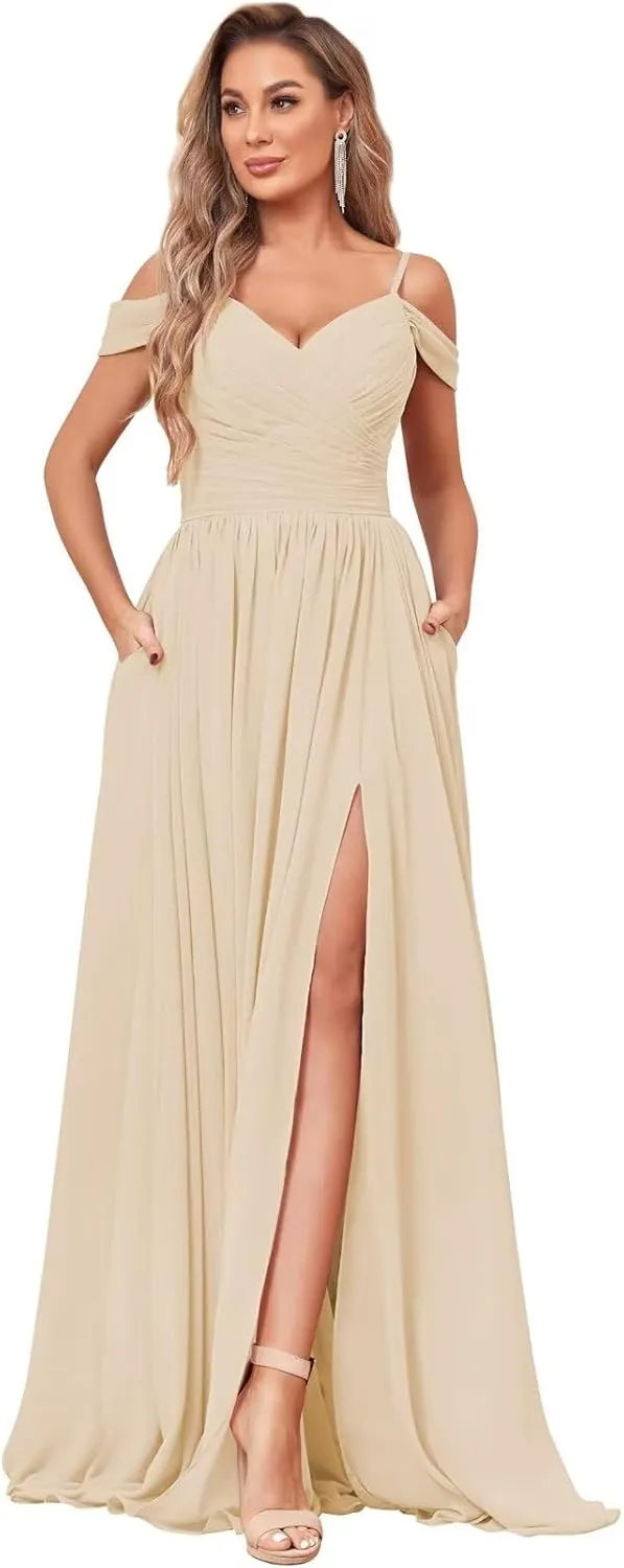 Women's Off Shoulder Bridesmaid Dress with Slit Chiffon Pleated Long Formal Dress with Pockets