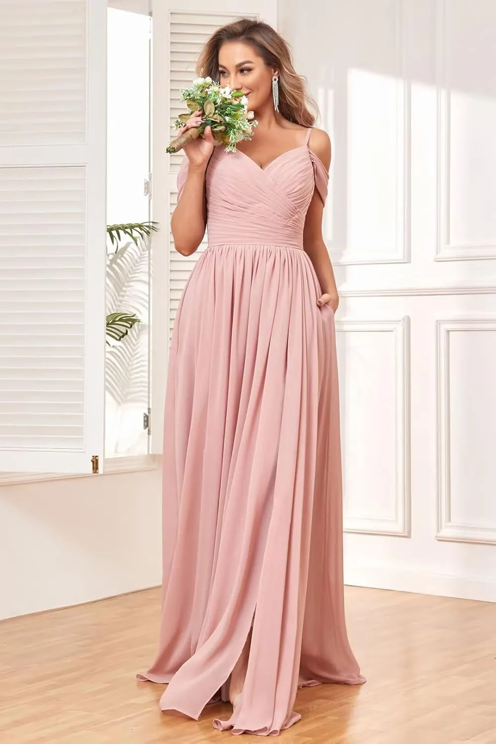 Women's Off Shoulder Bridesmaid Dress with Slit Chiffon Pleated Long Formal Dress with Pockets