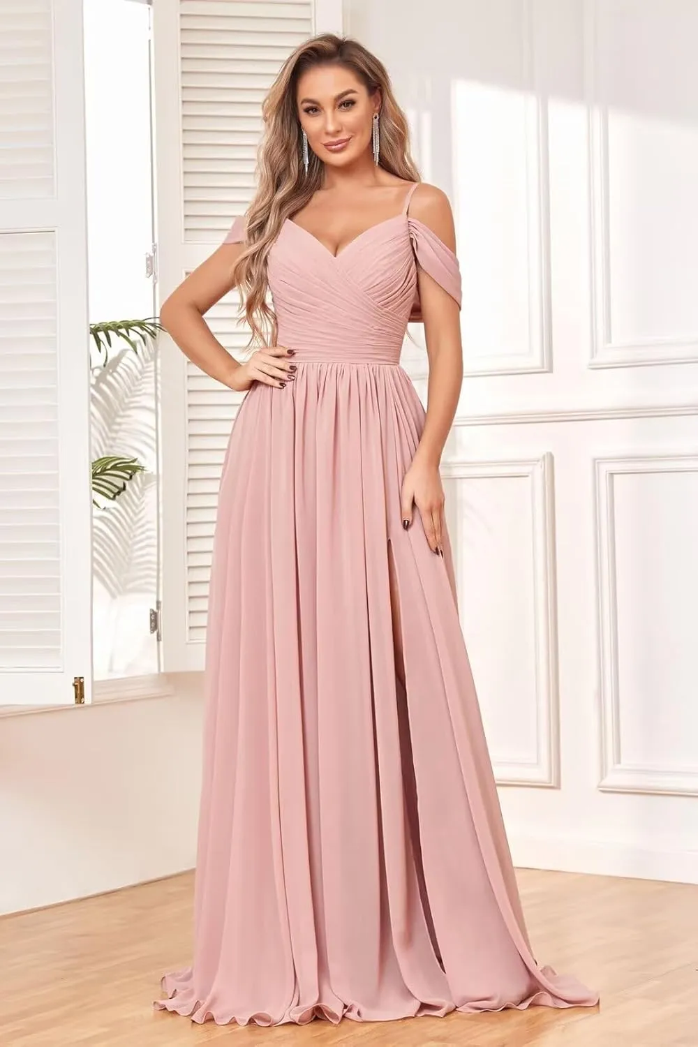Women's Off Shoulder Bridesmaid Dress with Slit Chiffon Pleated Long Formal Dress with Pockets