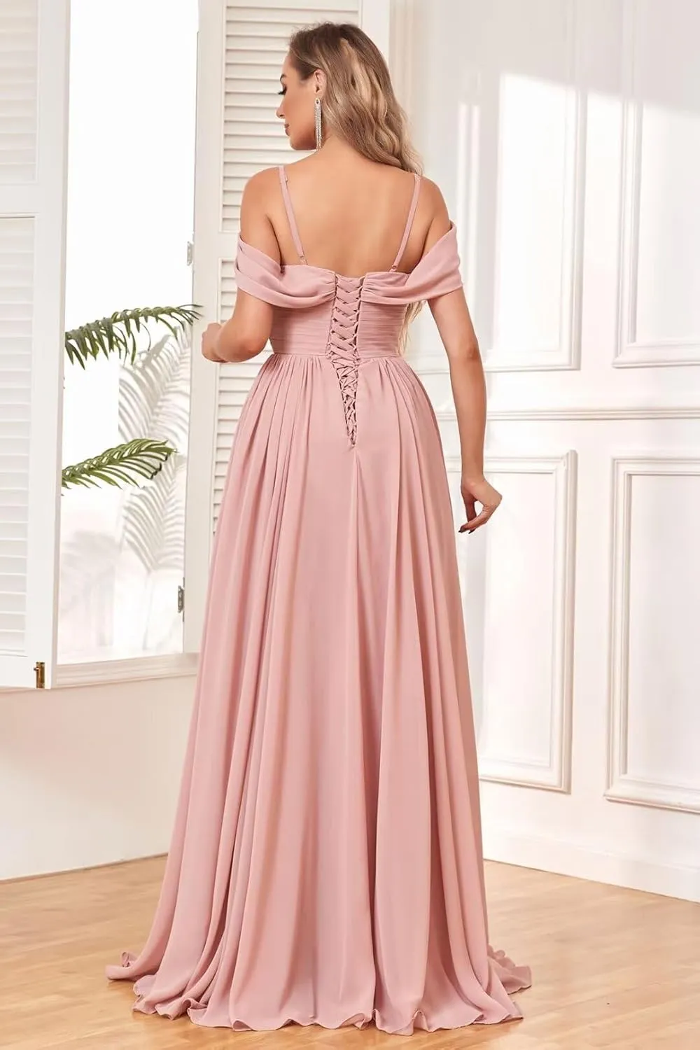 Women's Off Shoulder Bridesmaid Dress with Slit Chiffon Pleated Long Formal Dress with Pockets
