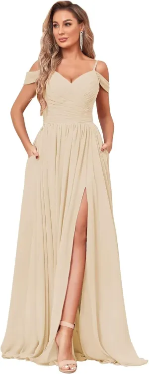 Women's Off Shoulder Bridesmaid Dress with Slit Chiffon Pleated Long Formal Dress with Pockets