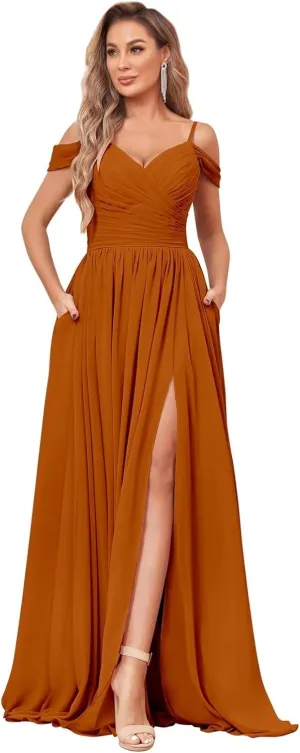 Women's Off Shoulder Bridesmaid Dress with Slit Chiffon Pleated Long Formal Dress with Pockets