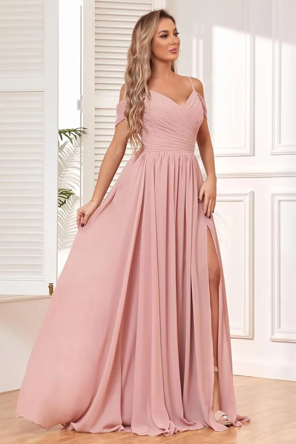 Women's Off Shoulder Bridesmaid Dress with Slit Chiffon Pleated Long Formal Dress with Pockets