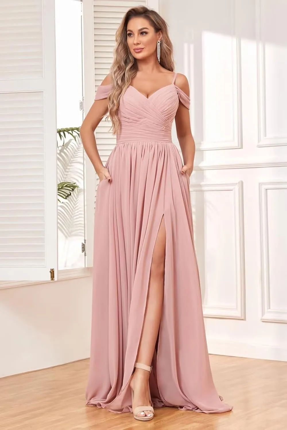 Women's Off Shoulder Bridesmaid Dress with Slit Chiffon Pleated Long Formal Dress with Pockets