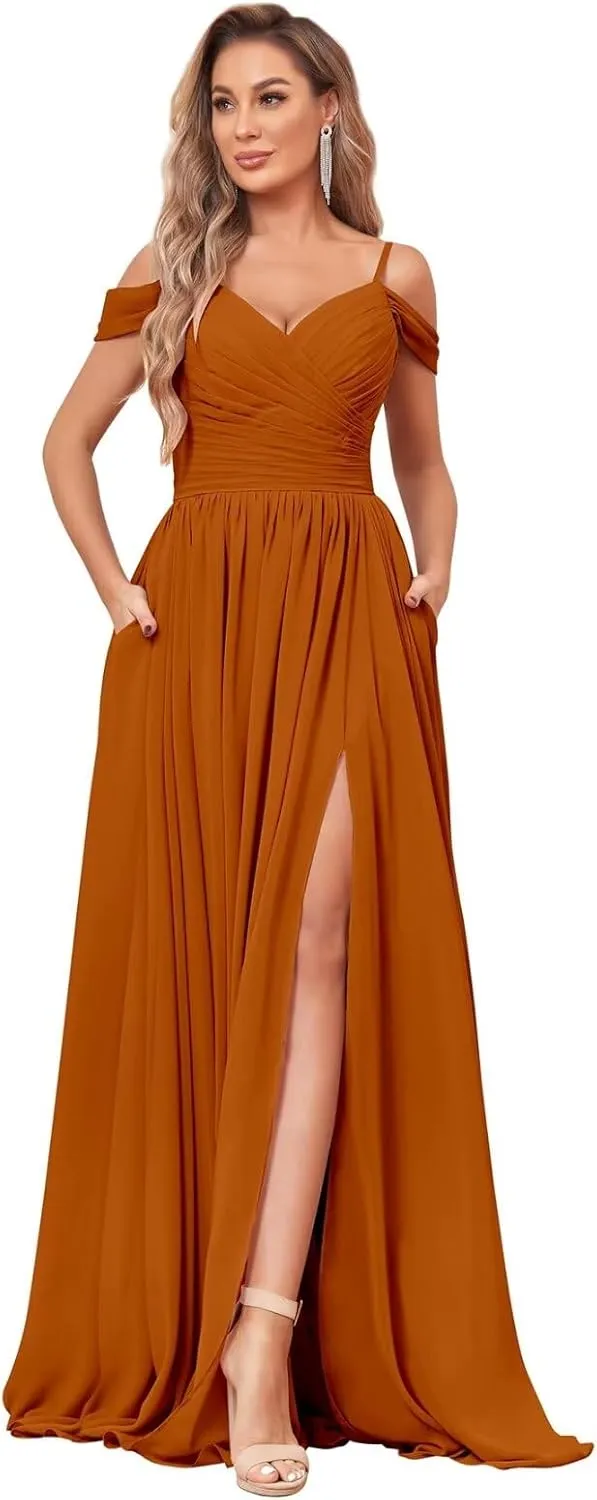 Women's Off Shoulder Bridesmaid Dress with Slit Chiffon Pleated Long Formal Dress with Pockets