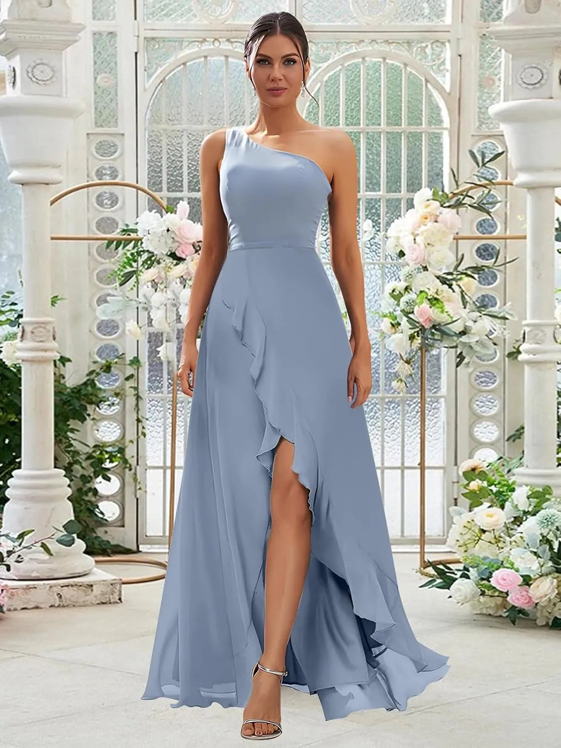Women's One Shoulder Bridesmaid Dresses Chiffon with Ruffles Slit Long Formal Dress A Line Evening Gown