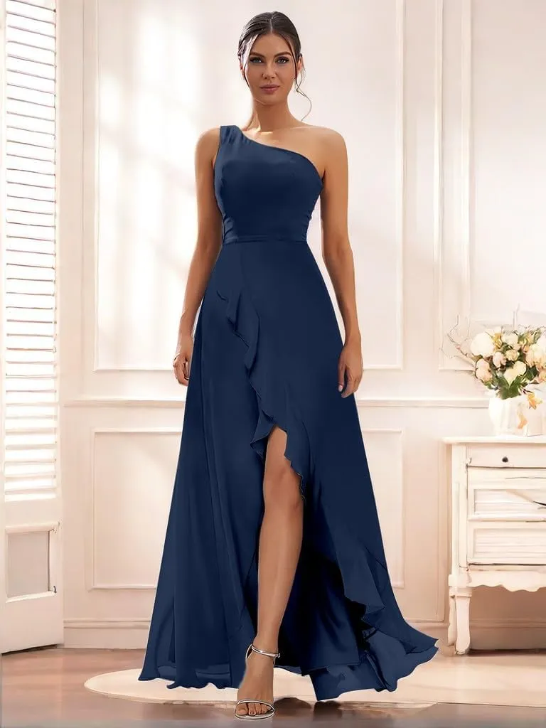 Women's One Shoulder Bridesmaid Dresses Chiffon with Ruffles Slit Long Formal Dress A Line Evening Gown