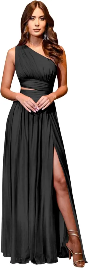 Women's One Shoulder Bridesmaid Dresses for Wedding Long Chiffon Split Formal Evening Dress with Pockets