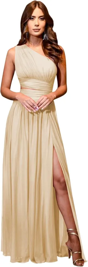 Women's One Shoulder Bridesmaid Dresses for Wedding Long Chiffon Split Formal Evening Dress with Pockets