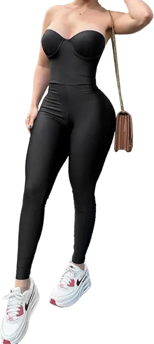 Womens Sexy Strapless Jumpsuits Tube Sleeveless Bodycon Tummy Control Shapewear Bodysuit Workout Rompers