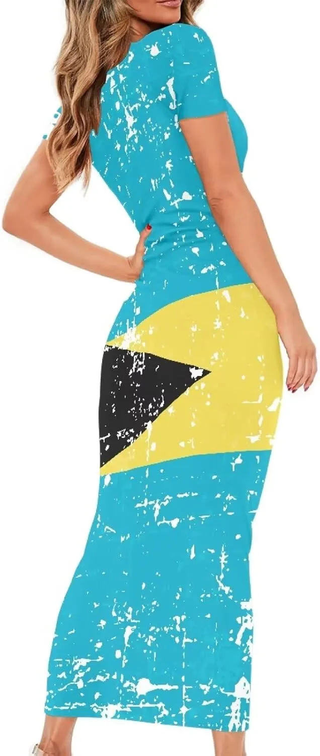Womens Short Sleeve Jamaican Flag Midi Bodycon Dress Casual Crewn Neck Pencil Long Dress Plus Size