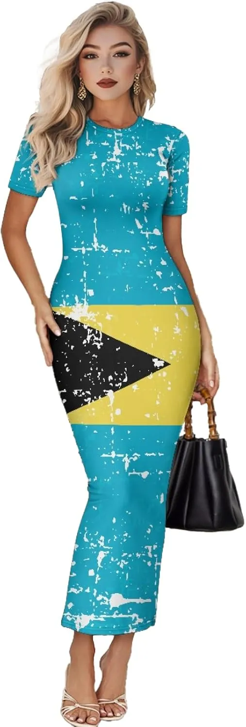 Womens Short Sleeve Jamaican Flag Midi Bodycon Dress Casual Crewn Neck Pencil Long Dress Plus Size