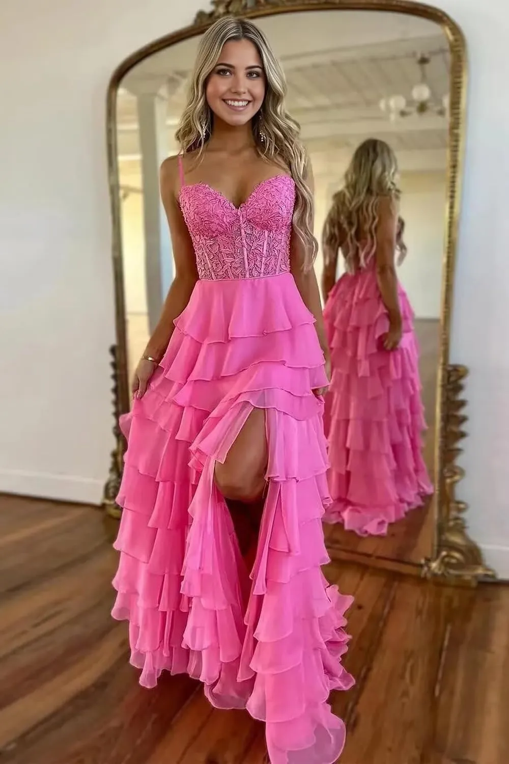Women's Spaghetti Strap Lace Tiered Prom Dress 2025 Ruffle Sweetheart Chiffon Formal Evening Dress