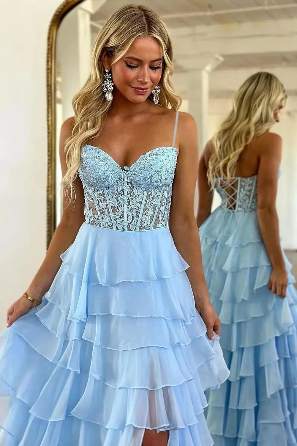 Women's Spaghetti Strap Lace Tiered Prom Dress 2025 Ruffle Sweetheart Chiffon Formal Evening Dress