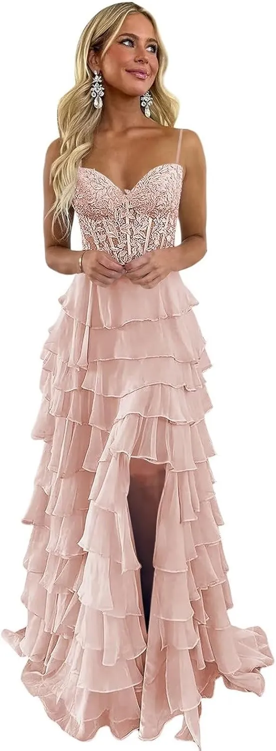 Women's Spaghetti Strap Lace Tiered Prom Dress 2025 Ruffle Sweetheart Chiffon Formal Evening Dress