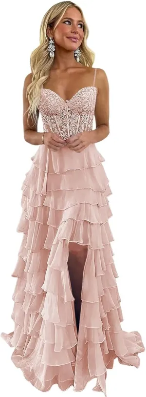 Women's Spaghetti Strap Lace Tiered Prom Dress 2025 Ruffle Sweetheart Chiffon Formal Evening Dress