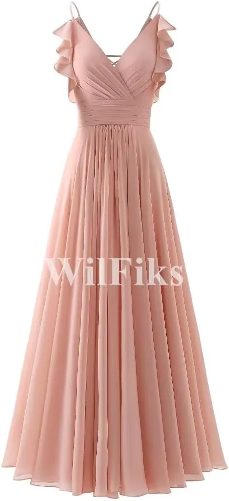 Women's V Neck Bridesmaid Dresses for Wedding Long Spaghetti Straps Ruffle Chiffon Formal Evening Party Cocktail Gown