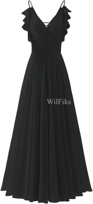 Women's V Neck Bridesmaid Dresses for Wedding Long Spaghetti Straps Ruffle Chiffon Formal Evening Party Cocktail Gown