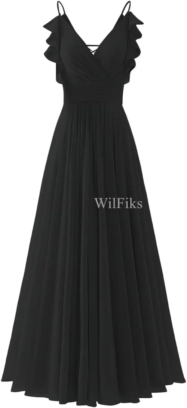 Women's V Neck Bridesmaid Dresses for Wedding Long Spaghetti Straps Ruffle Chiffon Formal Evening Party Cocktail Gown