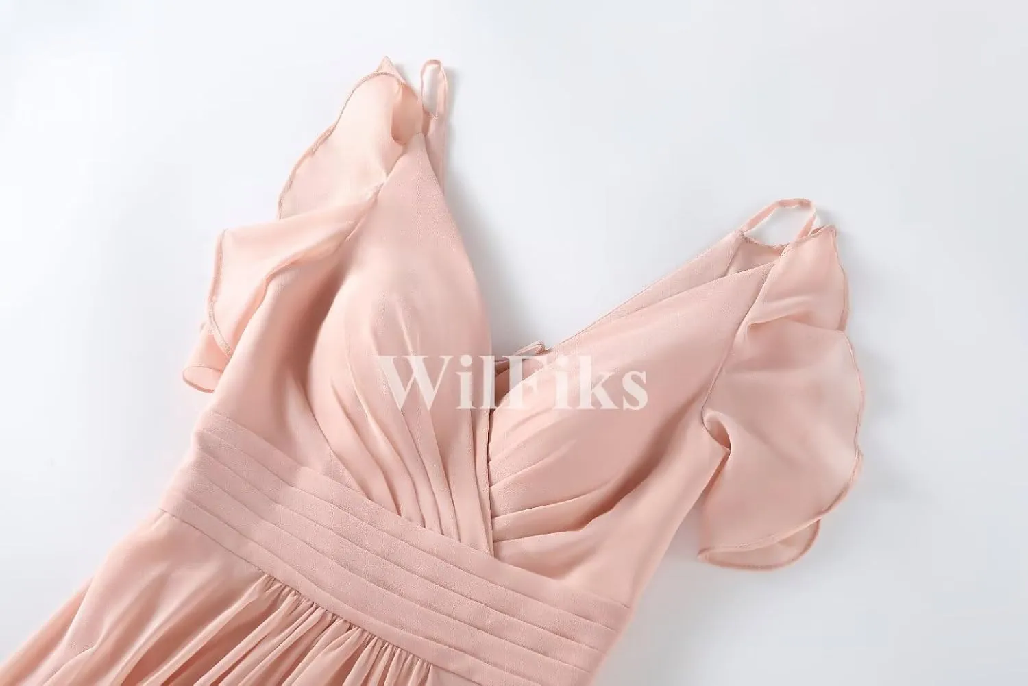 Women's V Neck Bridesmaid Dresses for Wedding Long Spaghetti Straps Ruffle Chiffon Formal Evening Party Cocktail Gown