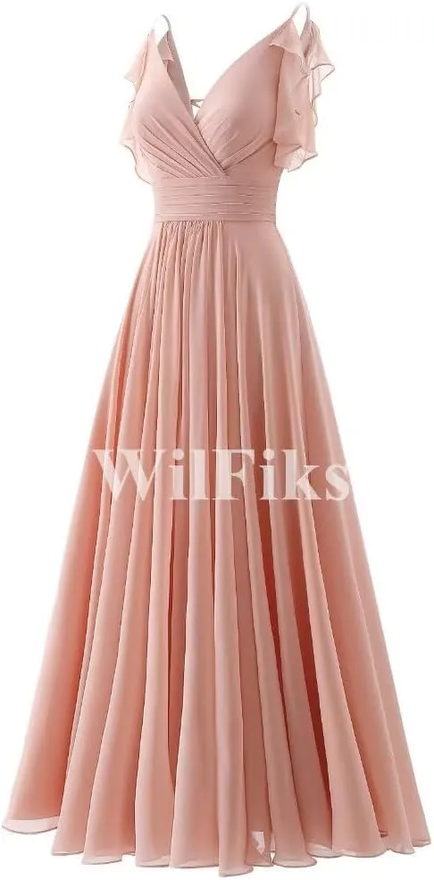 Women's V Neck Bridesmaid Dresses for Wedding Long Spaghetti Straps Ruffle Chiffon Formal Evening Party Cocktail Gown
