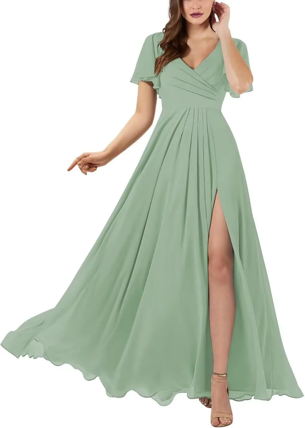 Women's V Neck Bridesmaid Dresses with Sleeves 2025 Long A-Line Chiffon Wedding Formal Evening Gown with Pockets