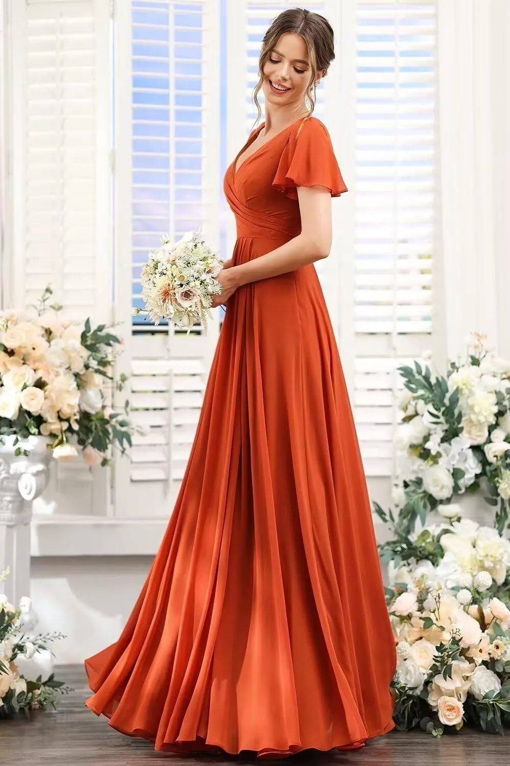 Women's V Neck Bridesmaid Dresses with Sleeves 2025 Long A-Line Chiffon Wedding Formal Evening Gown with Pockets