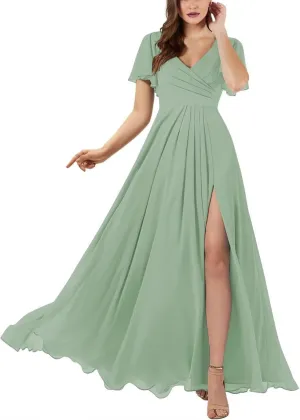 Women's V Neck Bridesmaid Dresses with Sleeves 2025 Long A-Line Chiffon Wedding Formal Evening Gown with Pockets