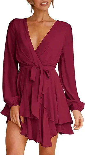 XOWRTE Women's Sexy Wrap Deep V Neck Dress Long Sleeve 2023 Tie Waist Ruffle Hem Cocktail Wedding Party Swing Mini Dresses