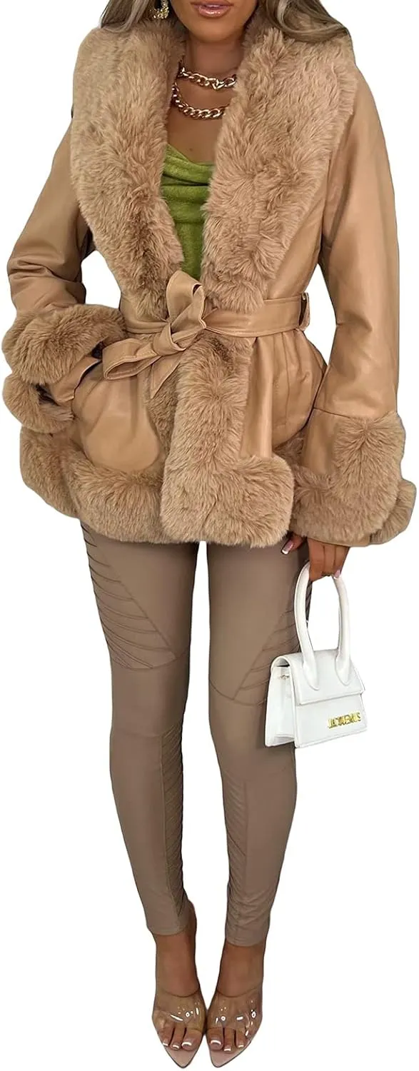 Yoawdats Women's Faux Leather Jacket with Faux Fur Plush Collar Thicken Warm Long Sleeve Parka Cardigan with Belt Outwear