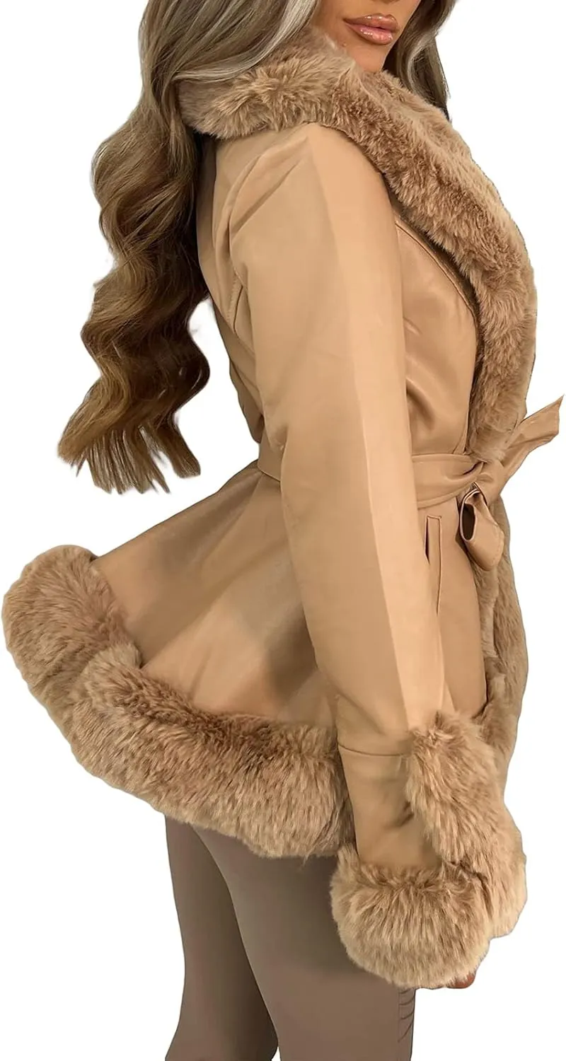 Yoawdats Women's Faux Leather Jacket with Faux Fur Plush Collar Thicken Warm Long Sleeve Parka Cardigan with Belt Outwear