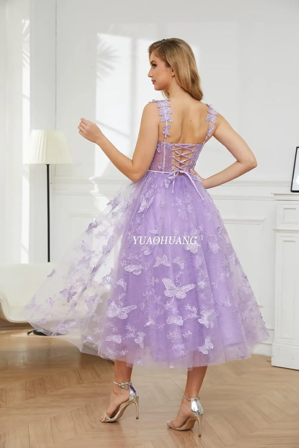 YUAOHUANG Women's 3D Butterfly Lace Tulle Prom Dresses 2025 Tea Length Sweetheart Formal Evening Gown with Pockets