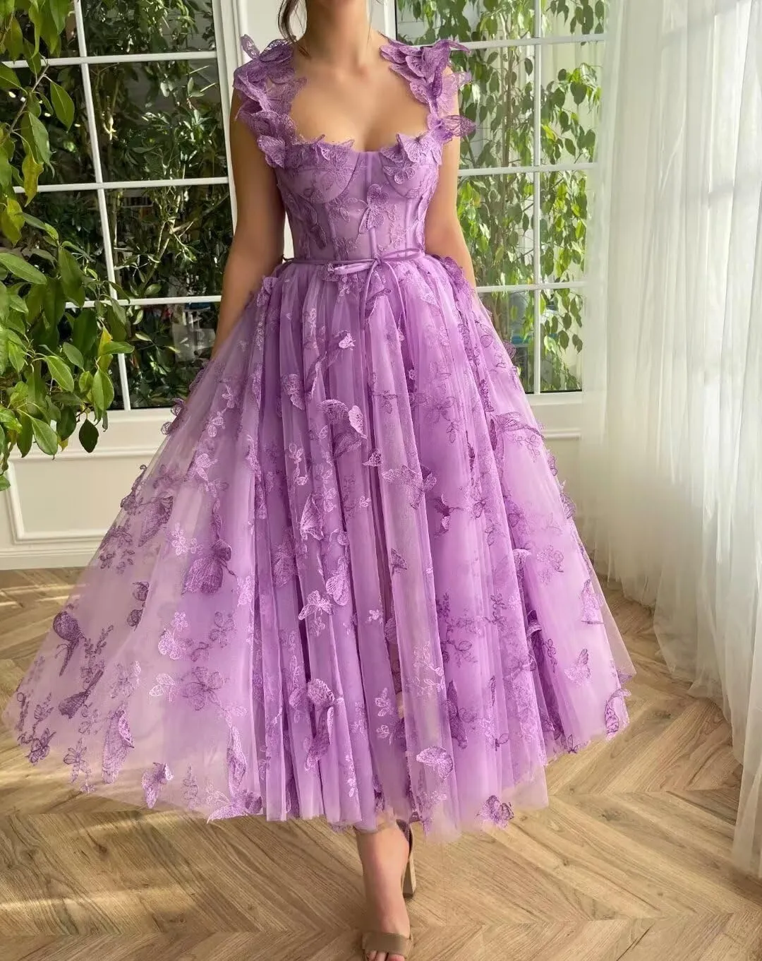 YUAOHUANG Women's 3D Butterfly Lace Tulle Prom Dresses 2025 Tea Length Sweetheart Formal Evening Gown with Pockets