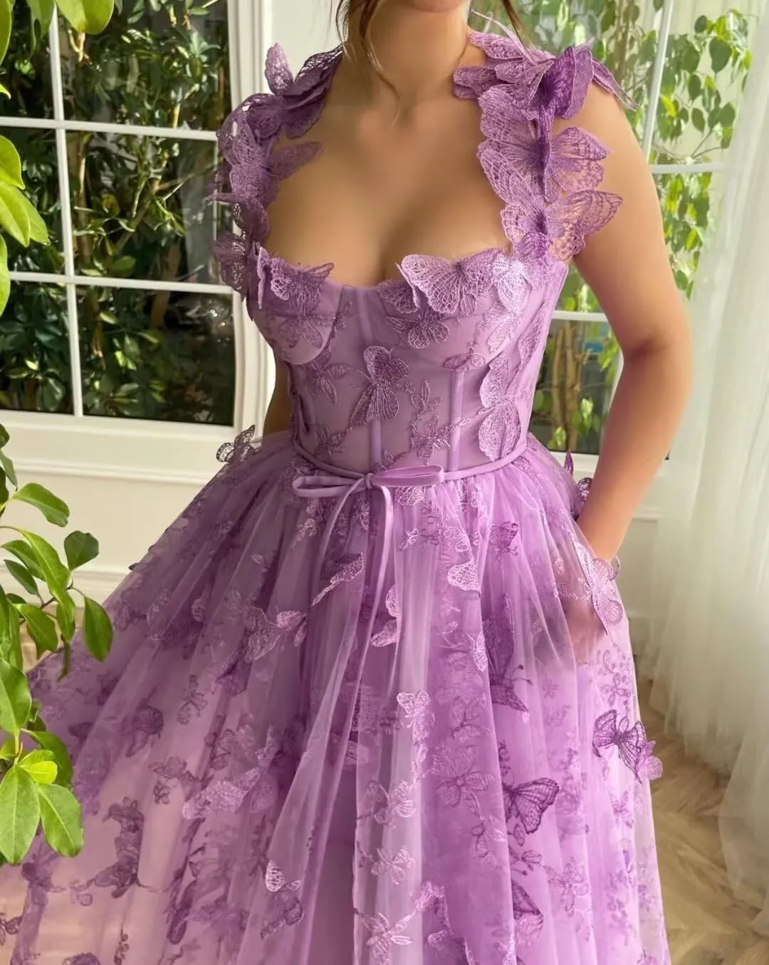 YUAOHUANG Women's 3D Butterfly Lace Tulle Prom Dresses 2025 Tea Length Sweetheart Formal Evening Gown with Pockets