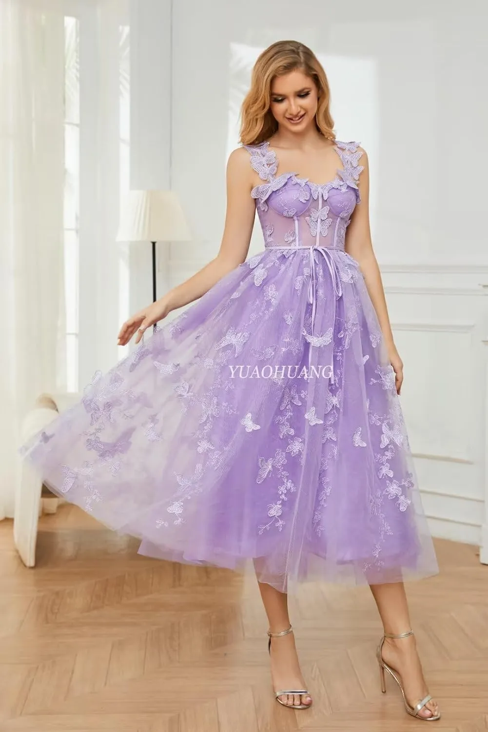 YUAOHUANG Women's 3D Butterfly Lace Tulle Prom Dresses 2025 Tea Length Sweetheart Formal Evening Gown with Pockets