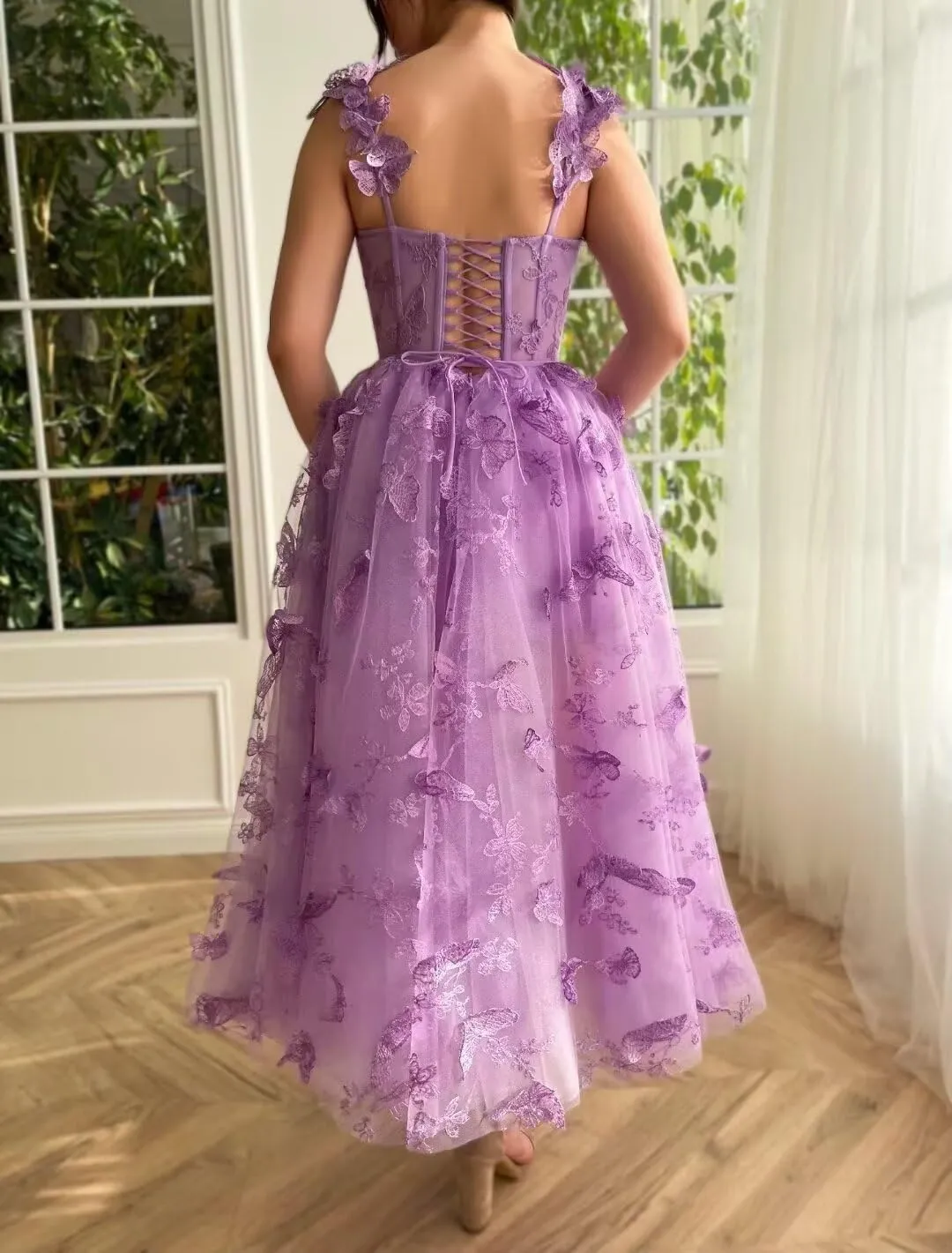 YUAOHUANG Women's 3D Butterfly Lace Tulle Prom Dresses 2025 Tea Length Sweetheart Formal Evening Gown with Pockets