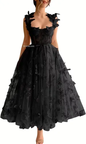 YUAOHUANG Women's 3D Butterfly Lace Tulle Prom Dresses 2025 Tea Length Sweetheart Formal Evening Gown with Pockets