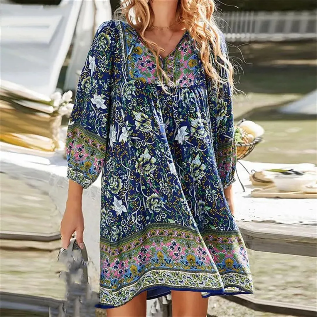 ZOCANIA Womens Cotton Babydoll 3/4 Sleeve V Neck Boho Floral Print Dress Casual Summer Flowy Beach Dresses