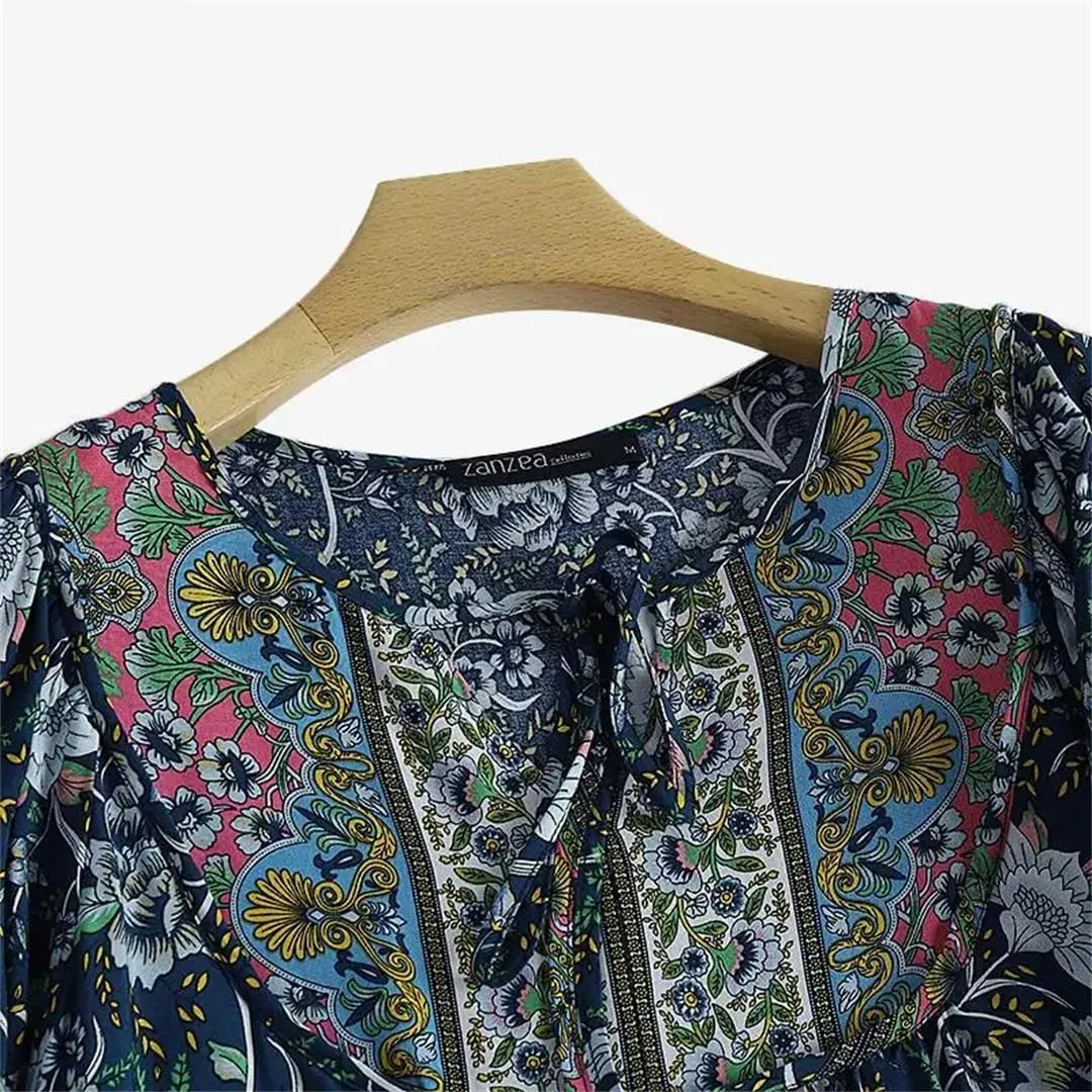 ZOCANIA Womens Cotton Babydoll 3/4 Sleeve V Neck Boho Floral Print Dress Casual Summer Flowy Beach Dresses