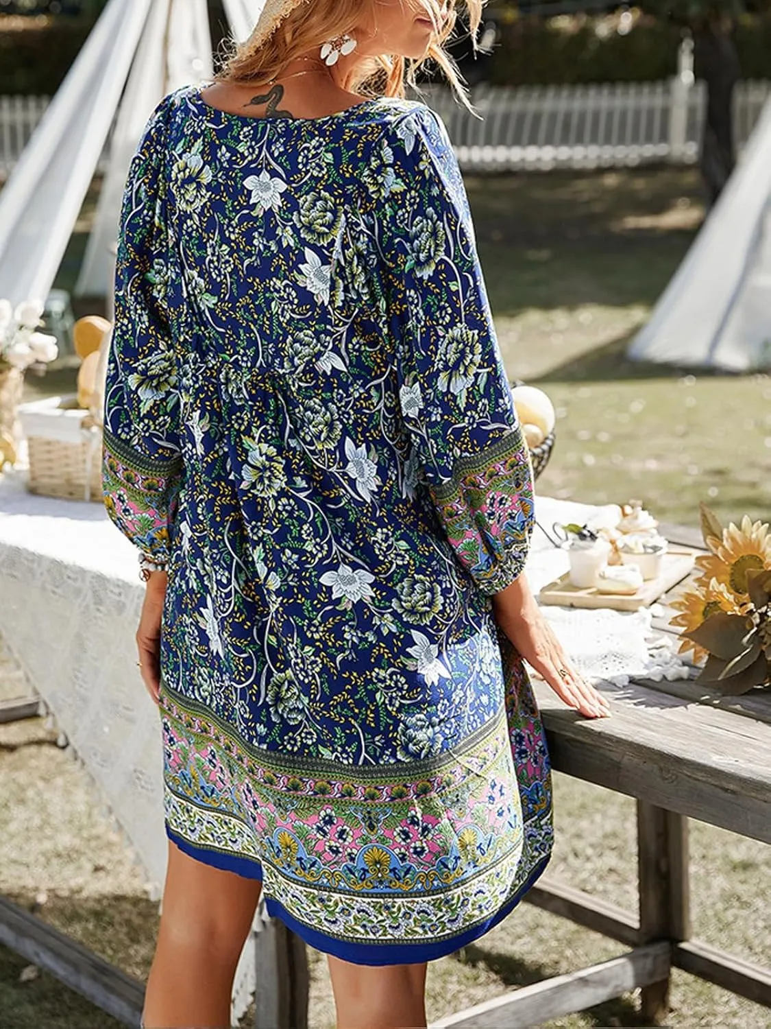 ZOCANIA Womens Cotton Babydoll 3/4 Sleeve V Neck Boho Floral Print Dress Casual Summer Flowy Beach Dresses