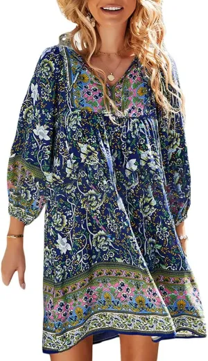 ZOCANIA Womens Cotton Babydoll 3/4 Sleeve V Neck Boho Floral Print Dress Casual Summer Flowy Beach Dresses